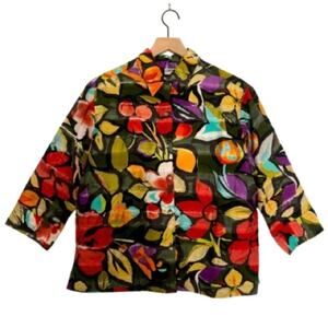 Chico's Linen Blend Multicolor Tropical Floral Button Up 3/4 Sleeve Shirt Blouse